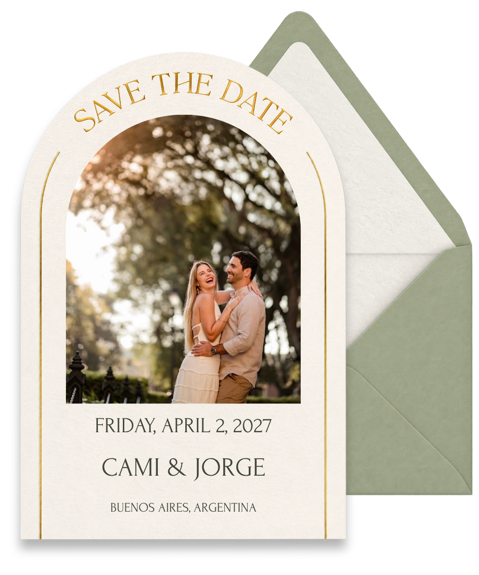 Our Save the Date: an arched ivory card and sage envelope. Cami and Jorge, Friday April 2, 2027, Buenos Aires, Argentina.
